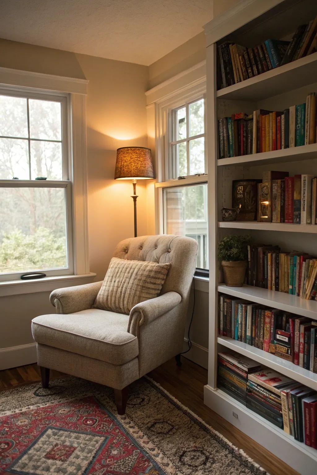 A comfortable reading nook transforms unused area into a personal hideaway.