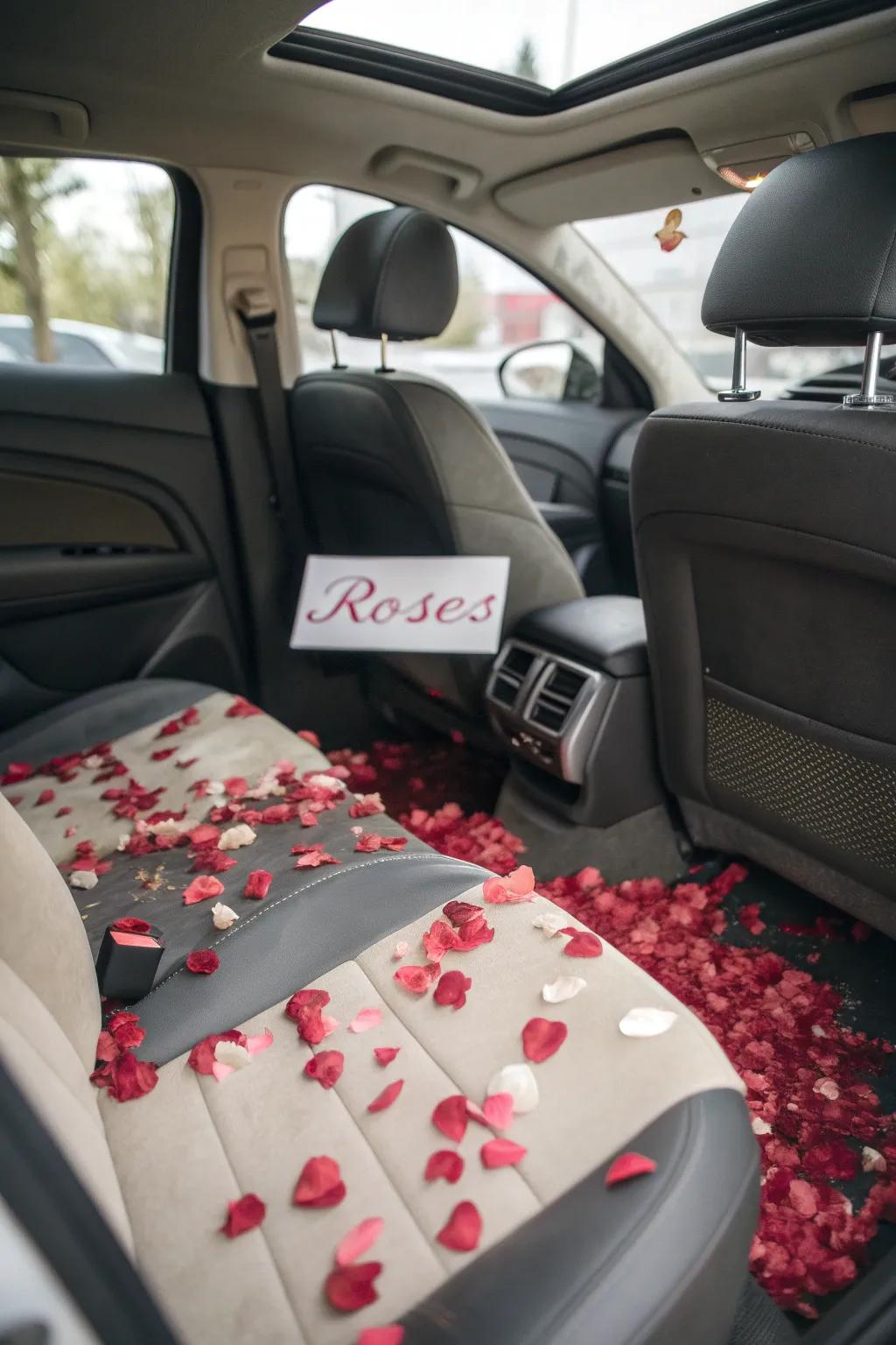 A vehicle filled with rose petals as a delightful surprise