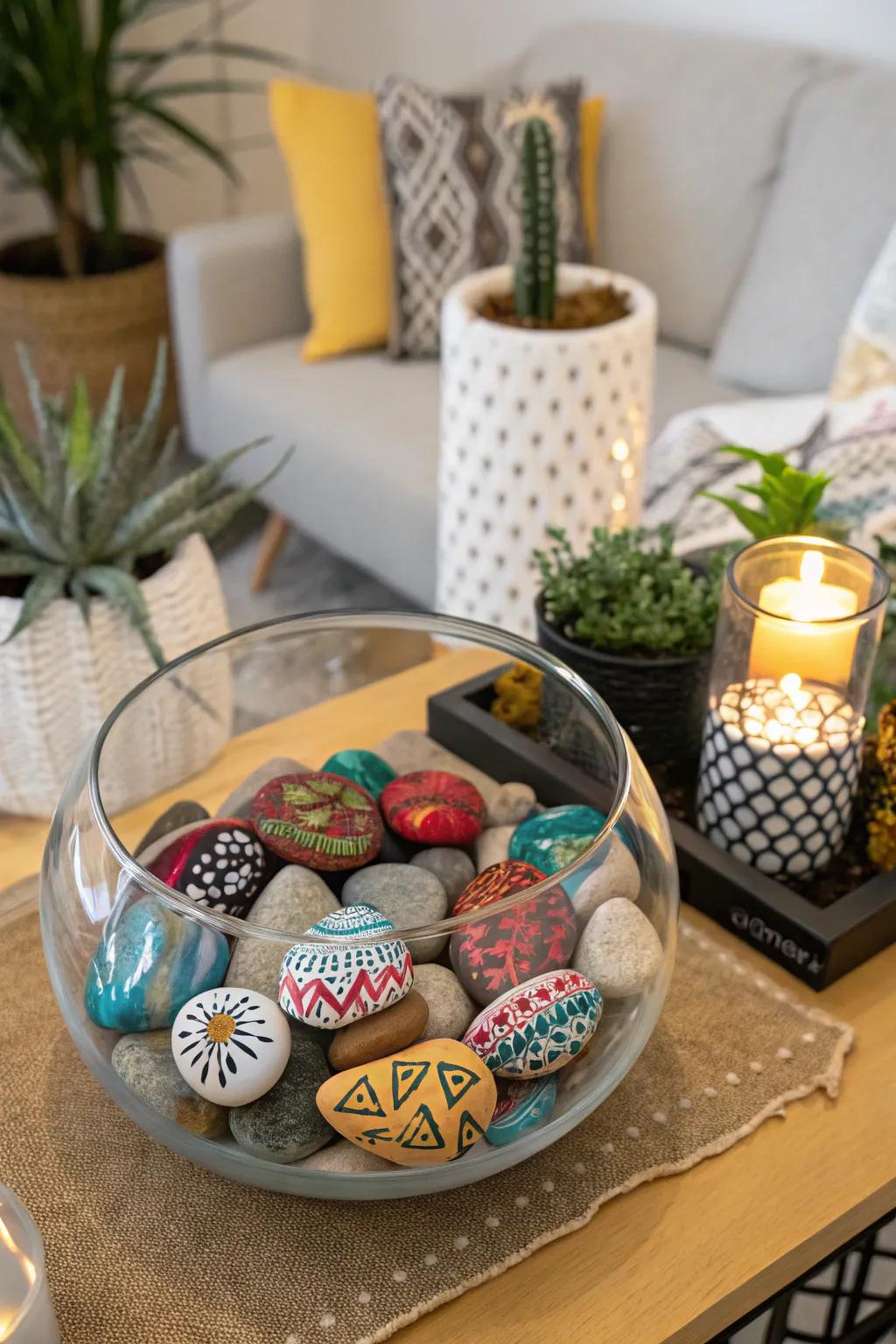 Painted stones in a glass bowl create an animated and artistic display.