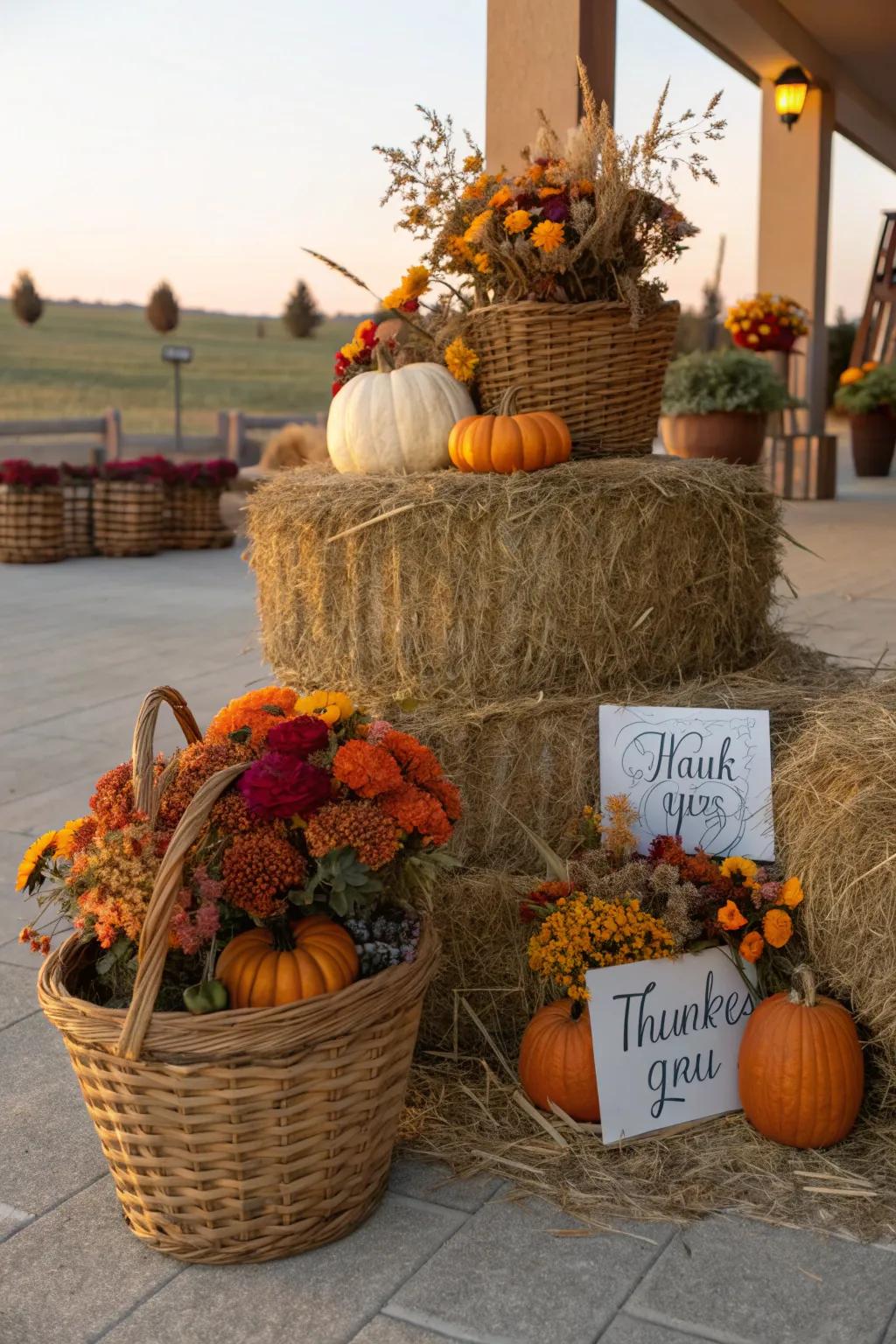 Honor the season of thankfulness through a hay bale centerpiece, embracing the ethos of appreciation.