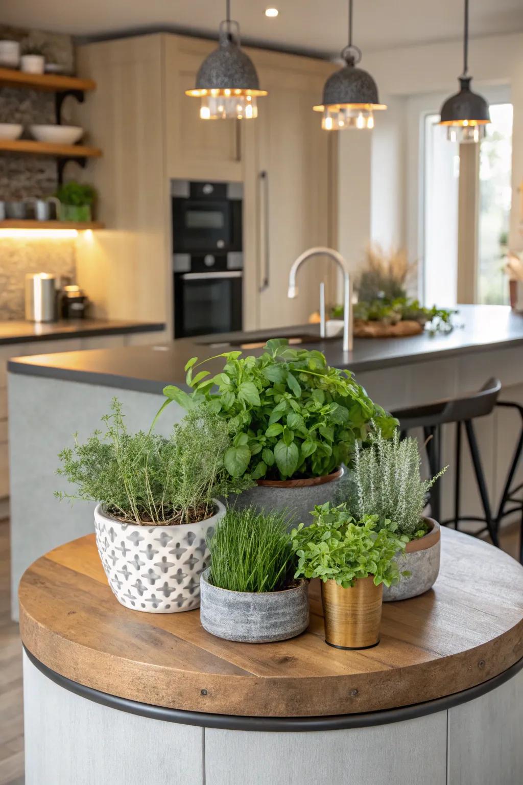 Greenery adds a stimulating touch to a round kitchen island.