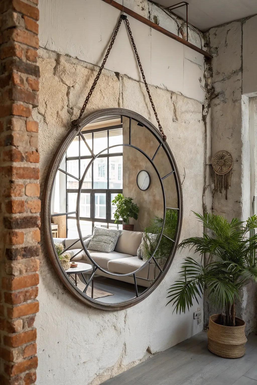 Metallic-framed circular reflector appending a modern edge upon an industrial-themed lounge.