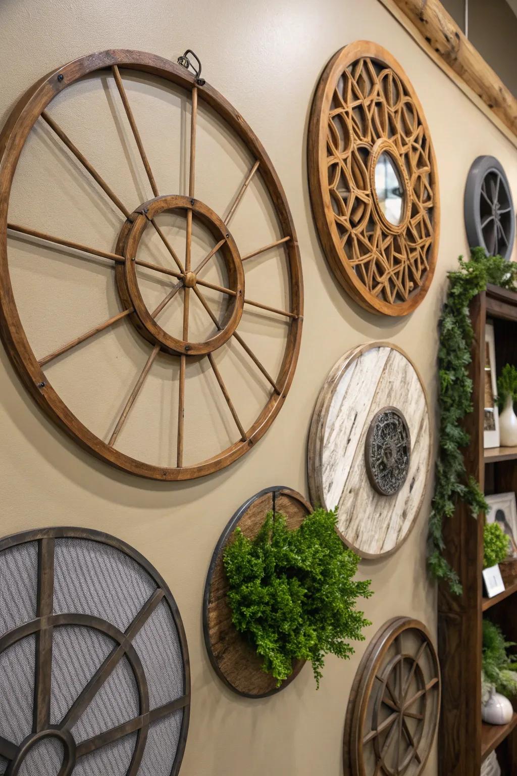 Wall showcasing blended material circular decor for a textured look.