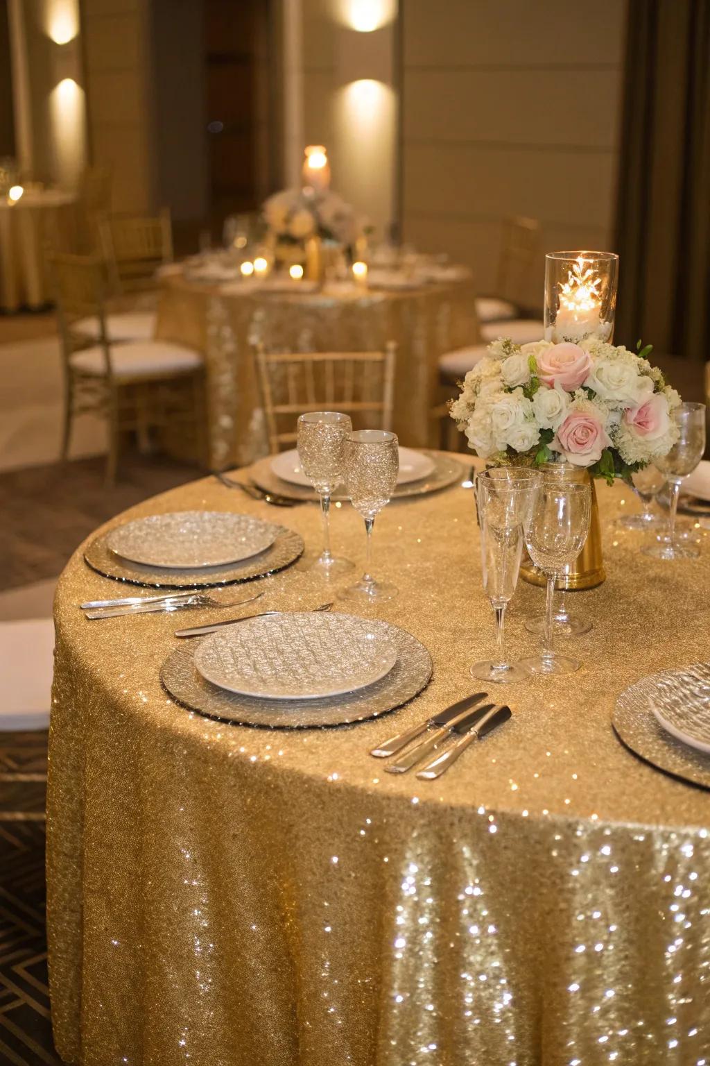 Lavish gilded tablecloth enhancing a grand wedding reception.