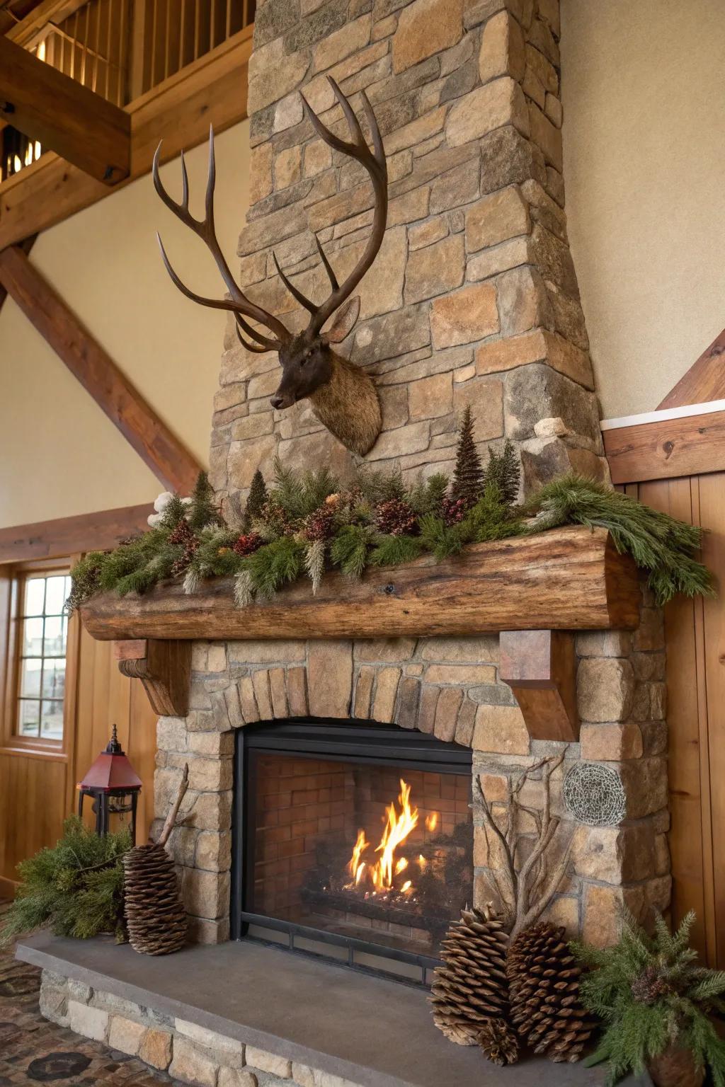 A fireplace ornamented with ornamental antlers for a countryside hint.