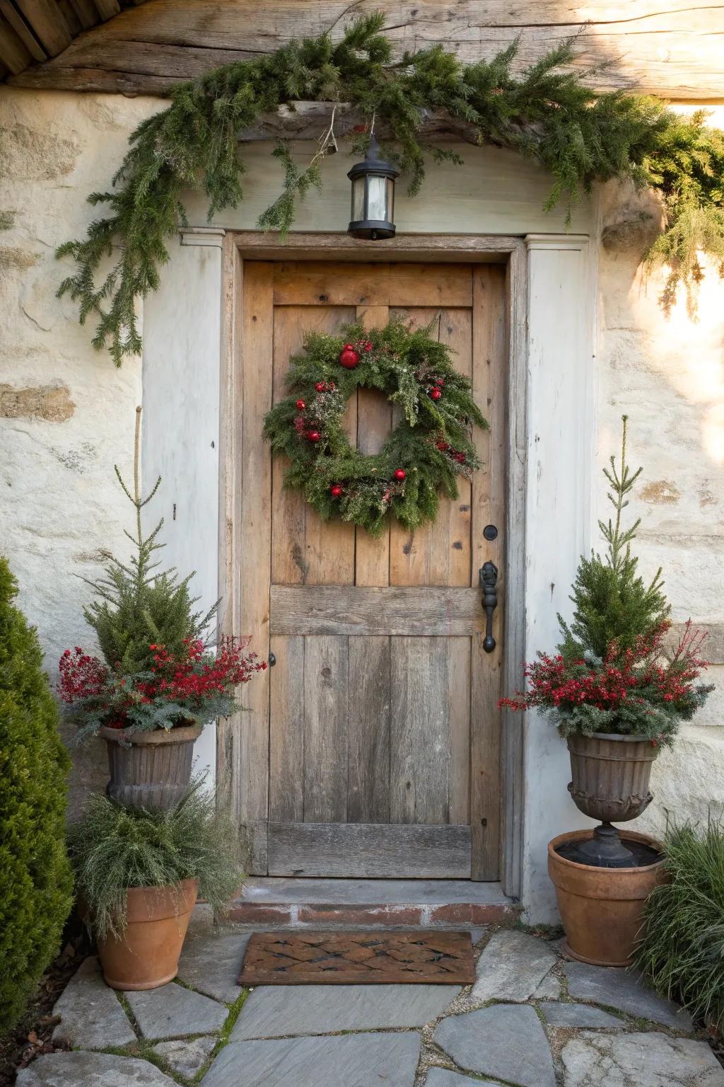 Rustic accessories like wreaths and plants enhance the welcoming feel of doors.