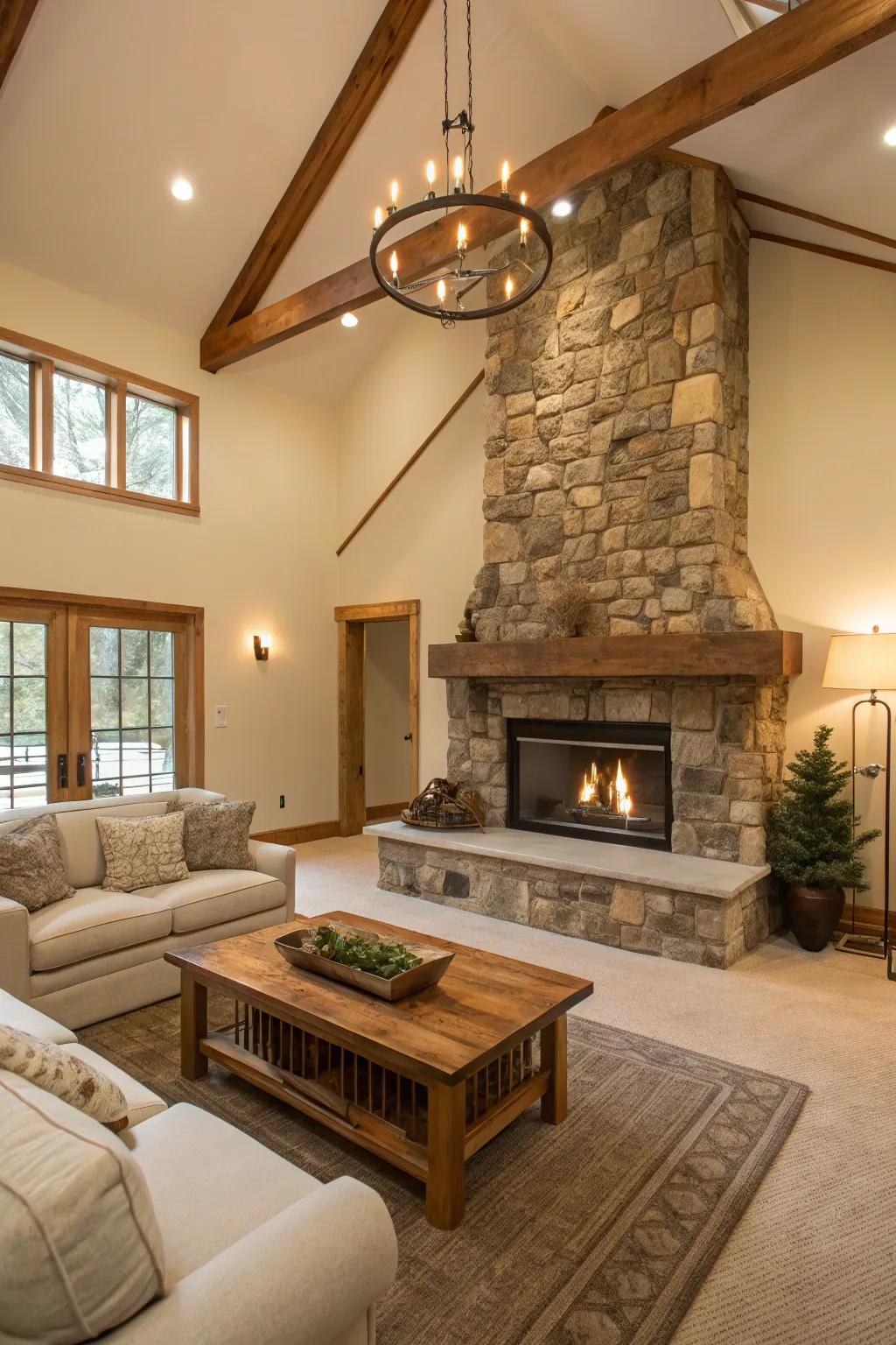 An unrestricted area accentuates the country-style grace of this fireplace.