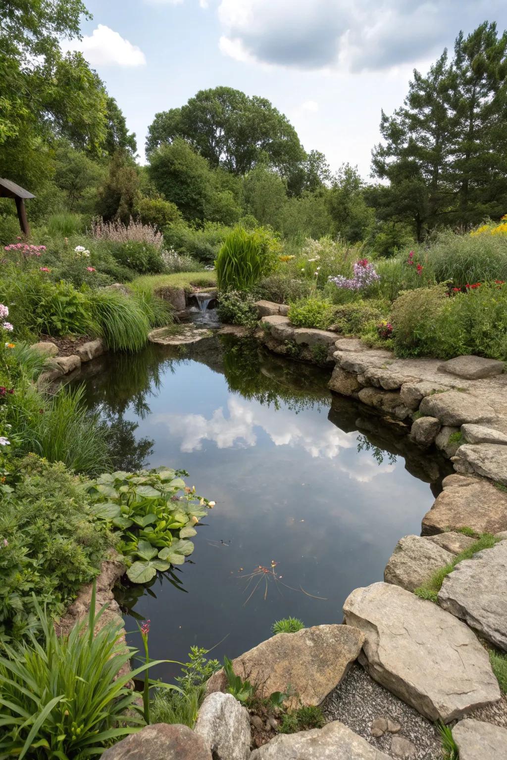 A tranquil pool enhancing the countryside garden atmosphere.