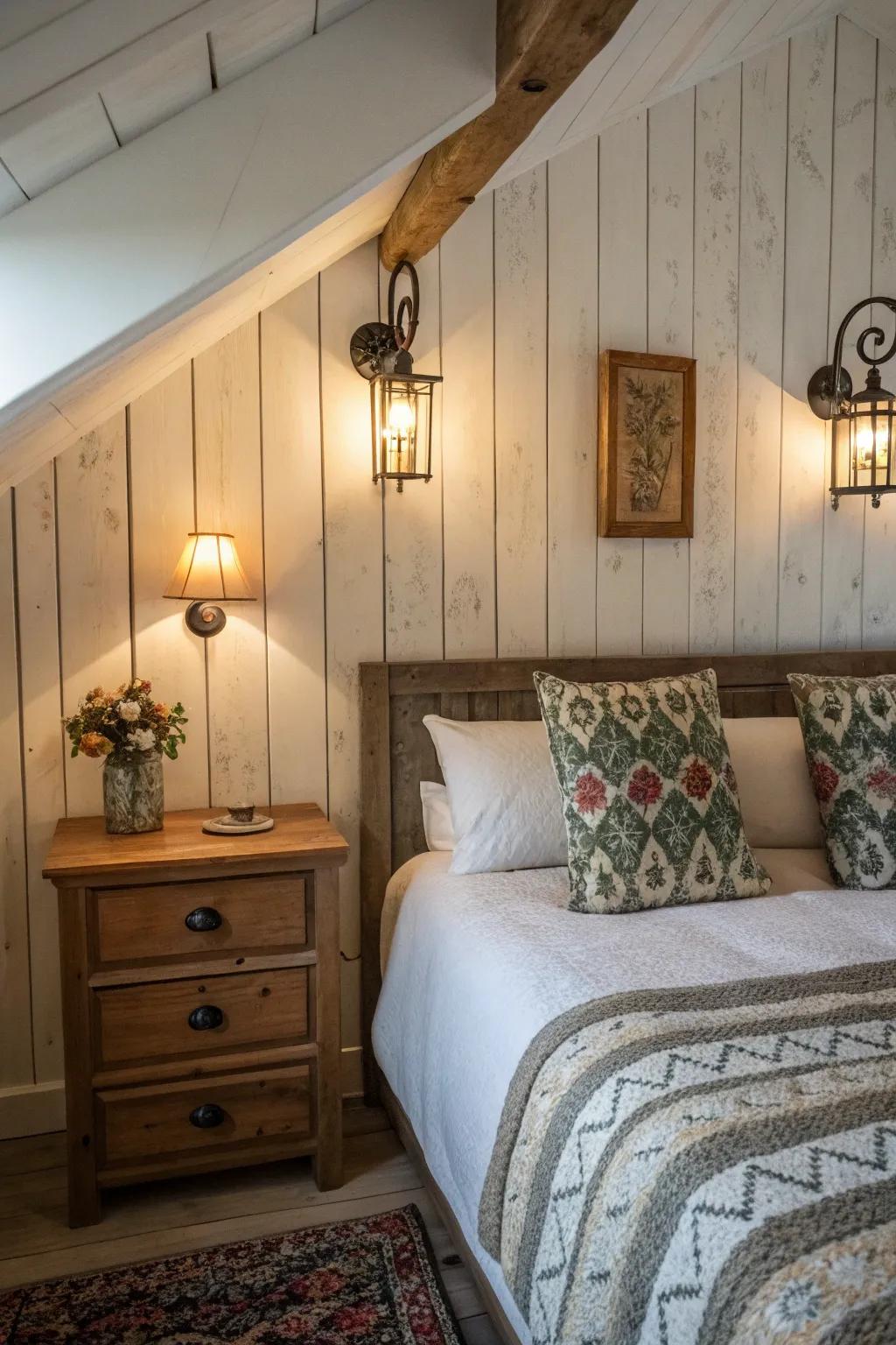 Gentle wall lamps introduce a snug touch to this cottage-style bedroom.