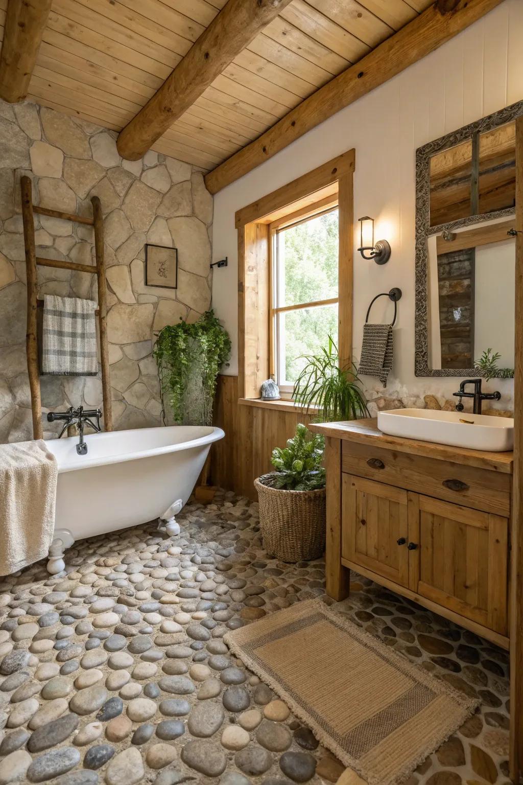 Small stone tile flooring brings a natural touch to any bathroom.