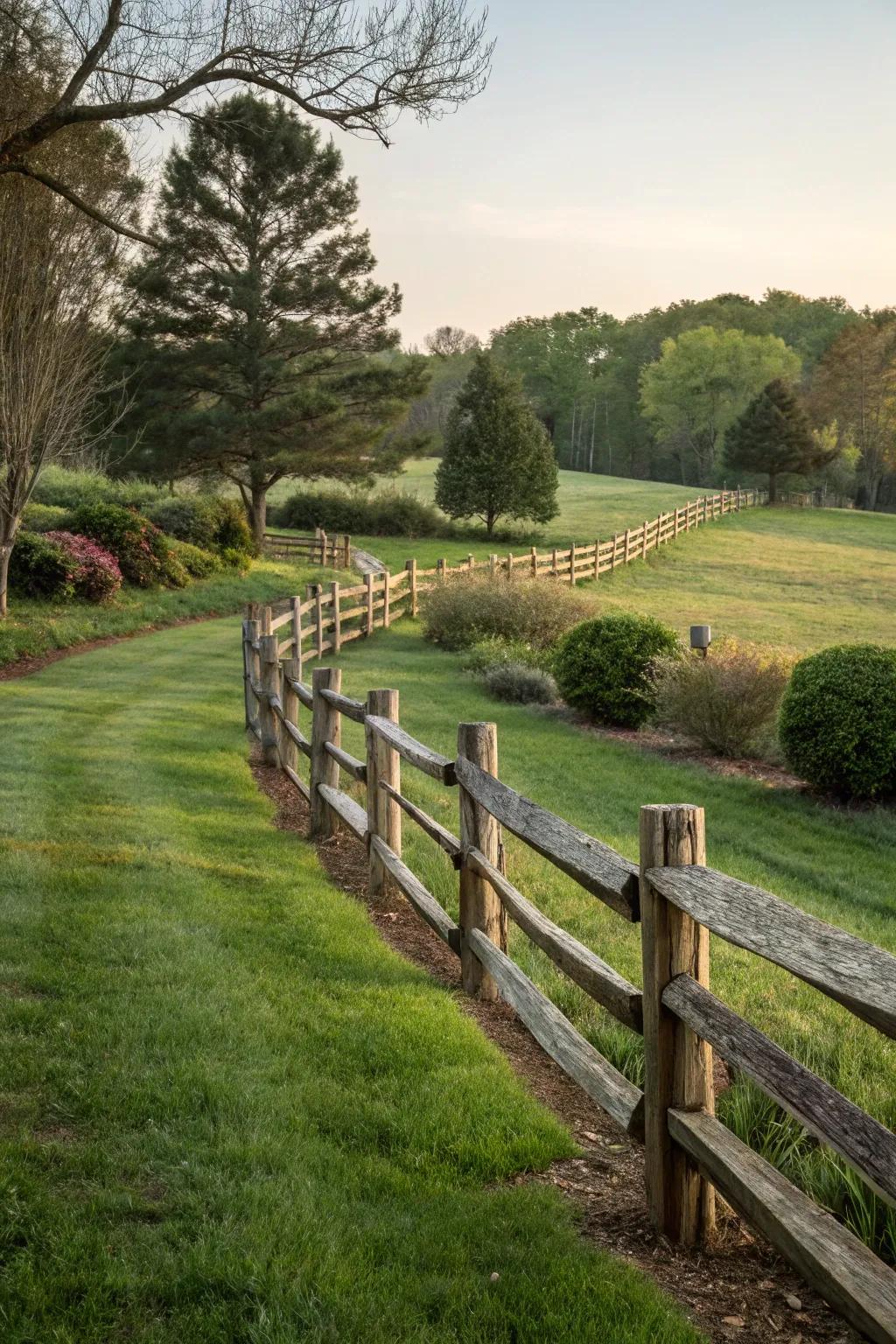 A split rail fence with varying heights introduces visual interest to the landscape.
