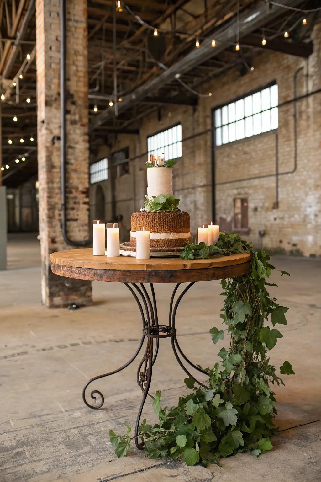 Stylish metal and timber fusion for a rustic cake stand.