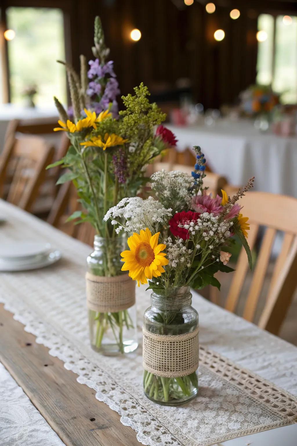 Vibrant meadow flower compositions bringing nature to the table.