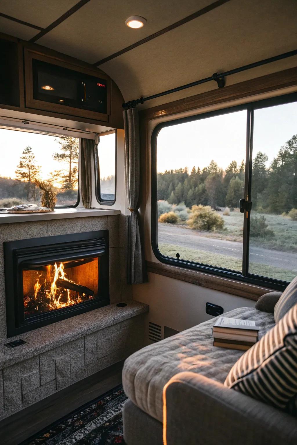 Blend natural light alongside a comfortable hearth to achieve a bright atmosphere.