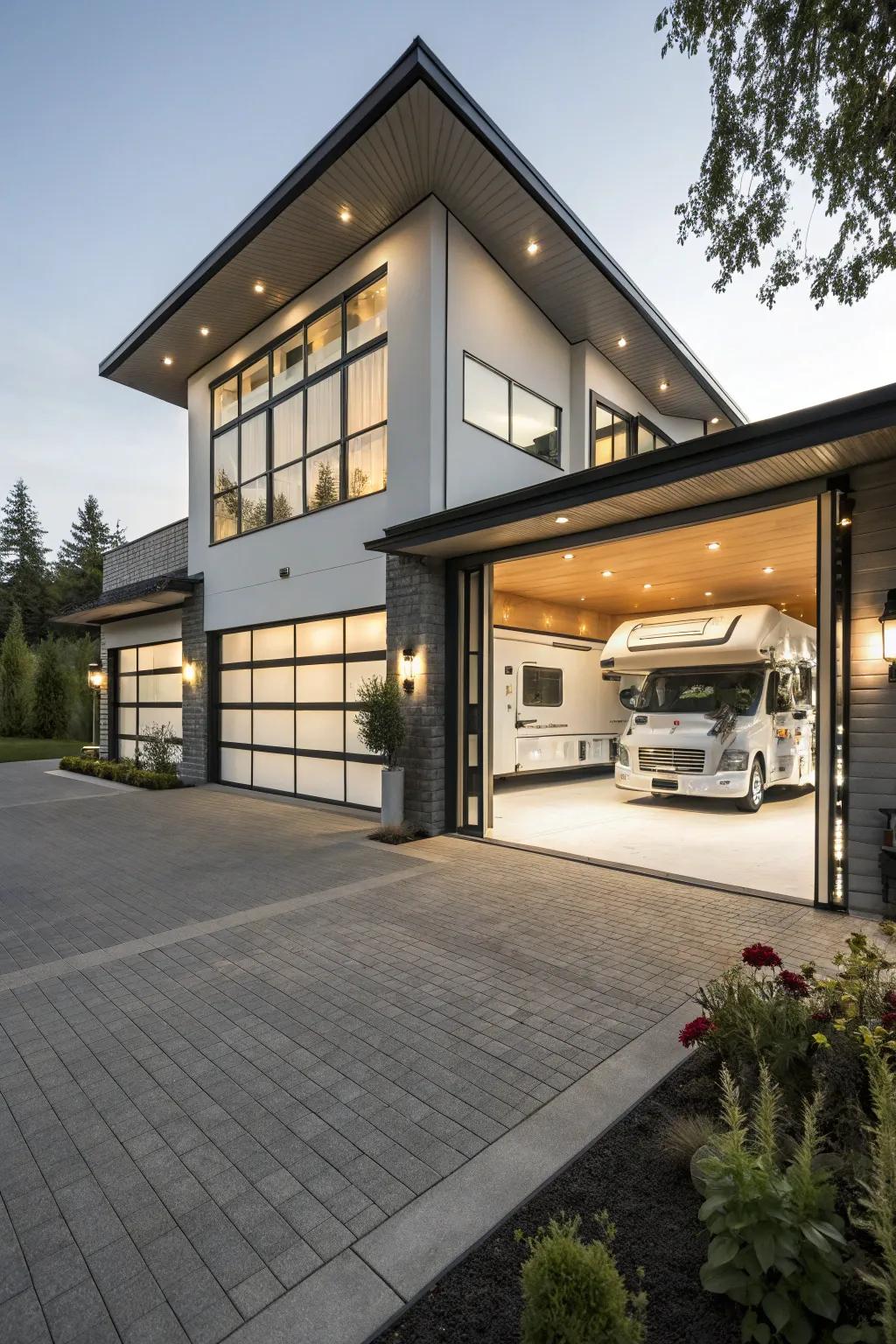 RV garage showcasing a polished, modern design that enhances the home's architecture.