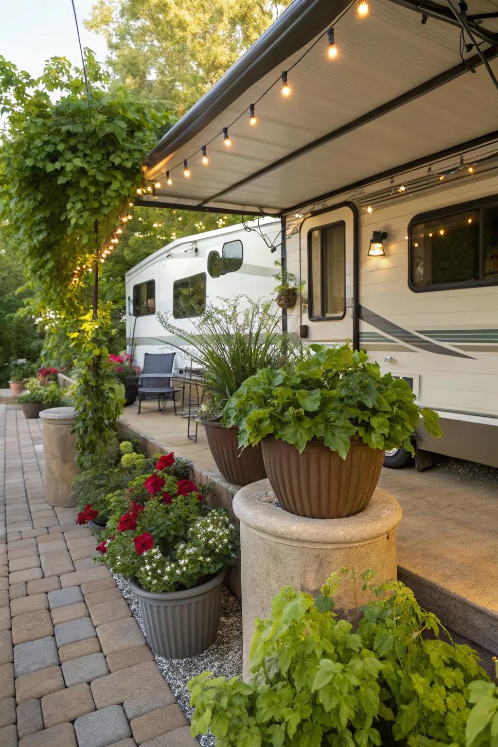 Greenery introduces life and color to your RV patio.