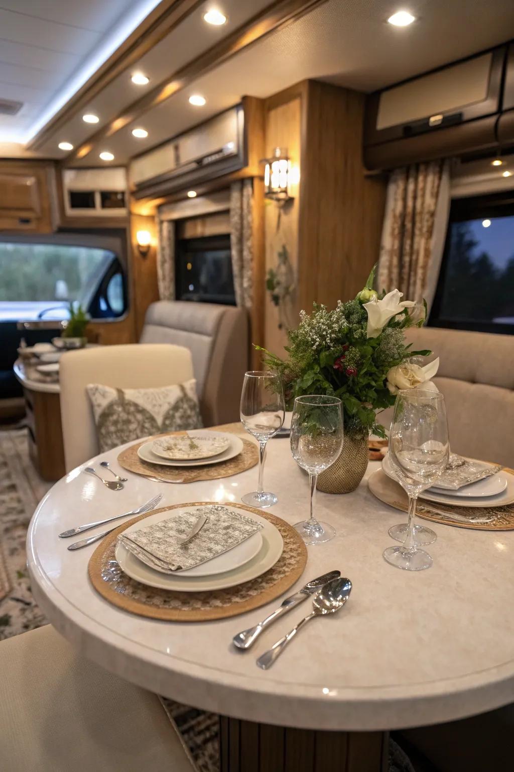 A round table adds a touch of elegance and intimacy to your RV dining space.