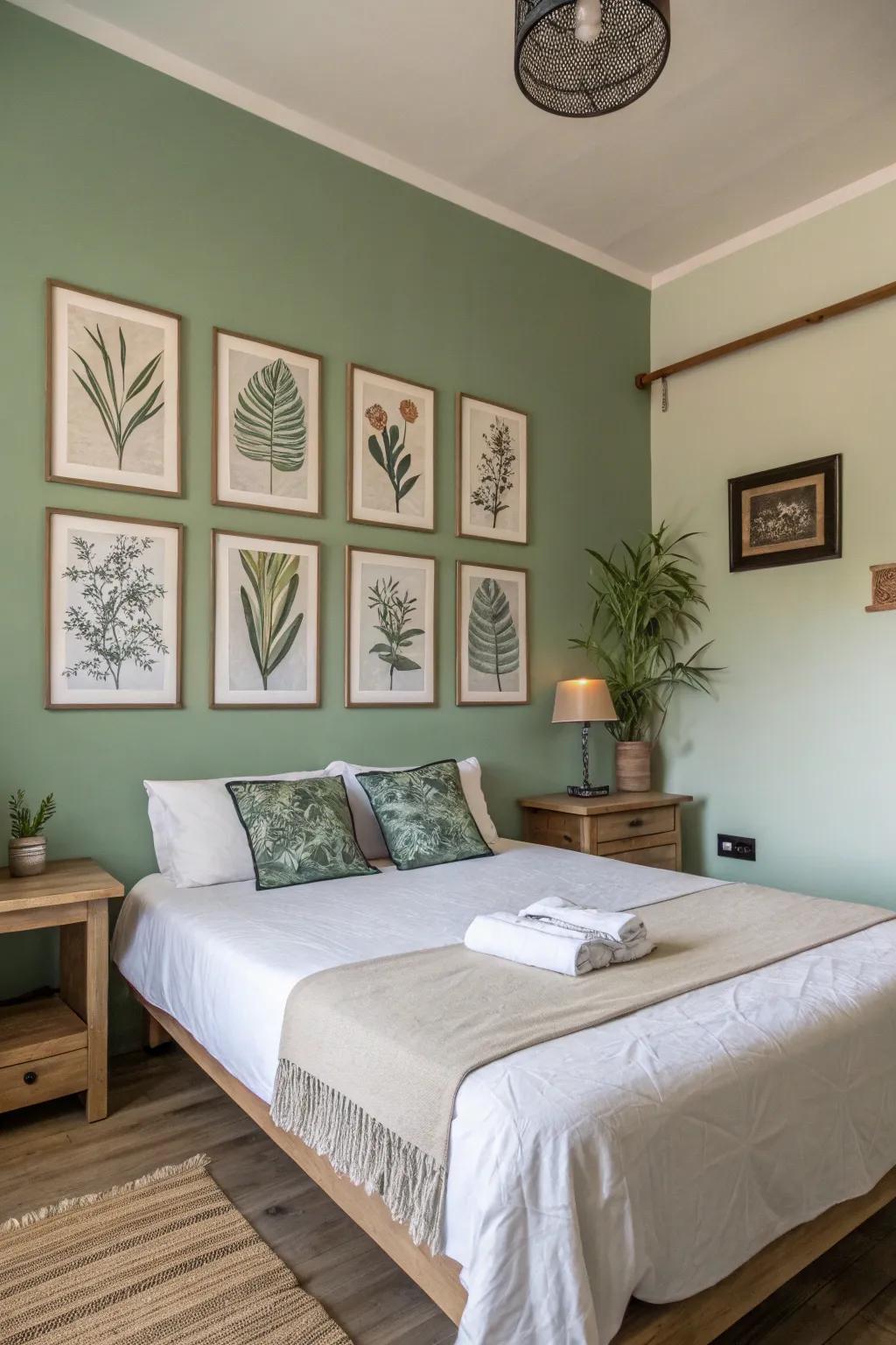 Sage green wall art introduces depth and harmony to a peaceful bedroom setting.