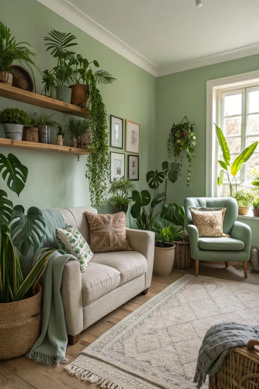Plants bring vibrancy and life to a sage green living room.