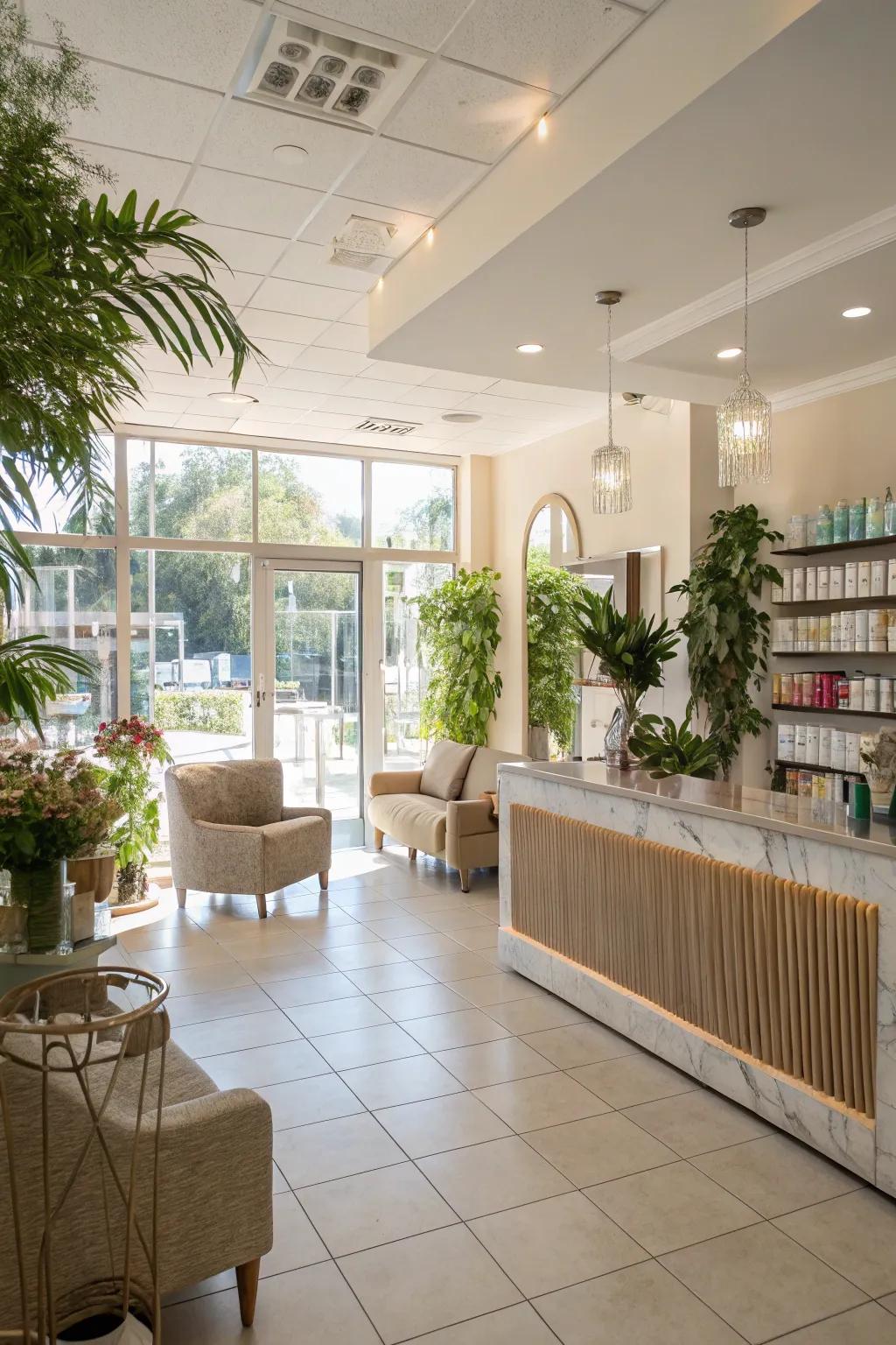 A salon reception area flooded with sunlight, creating a bright and airy atmosphere.