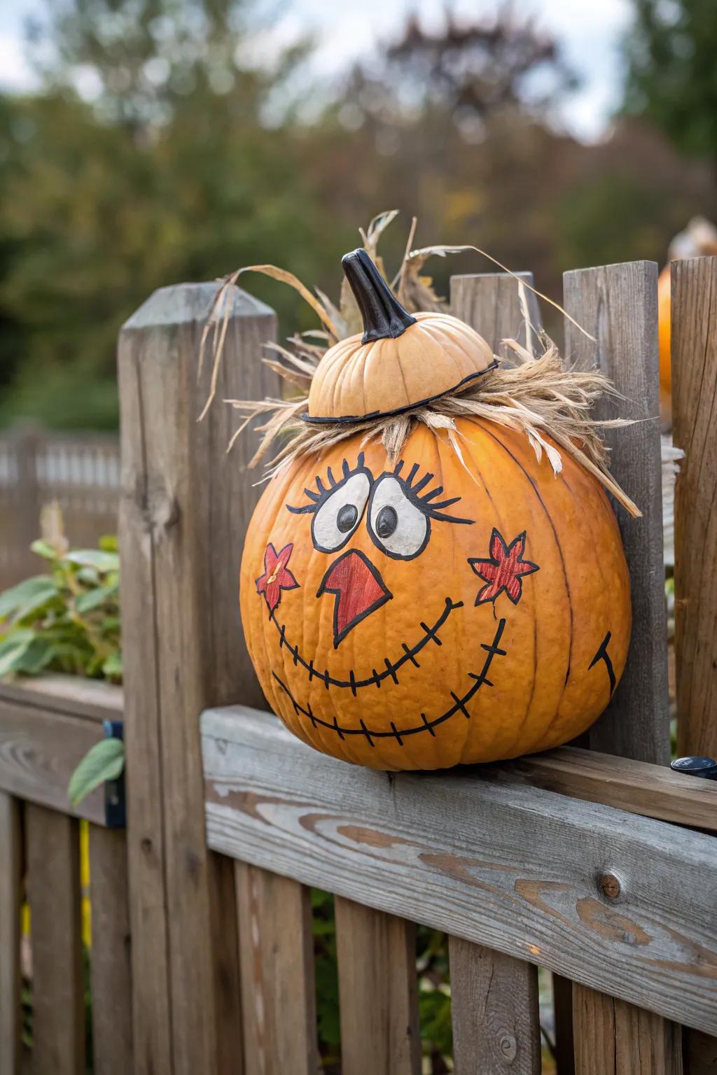 Comical brow lines lend character to this scarecrow pumpkin.