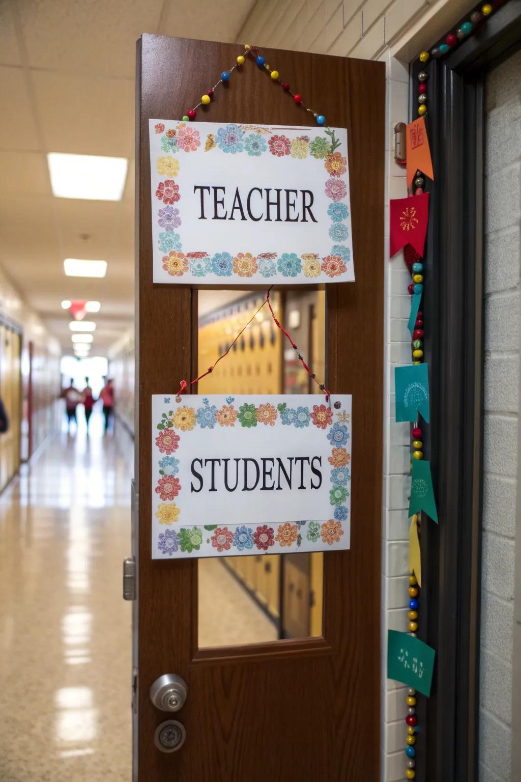 A personalized school entrance showcasing educator and student identities.