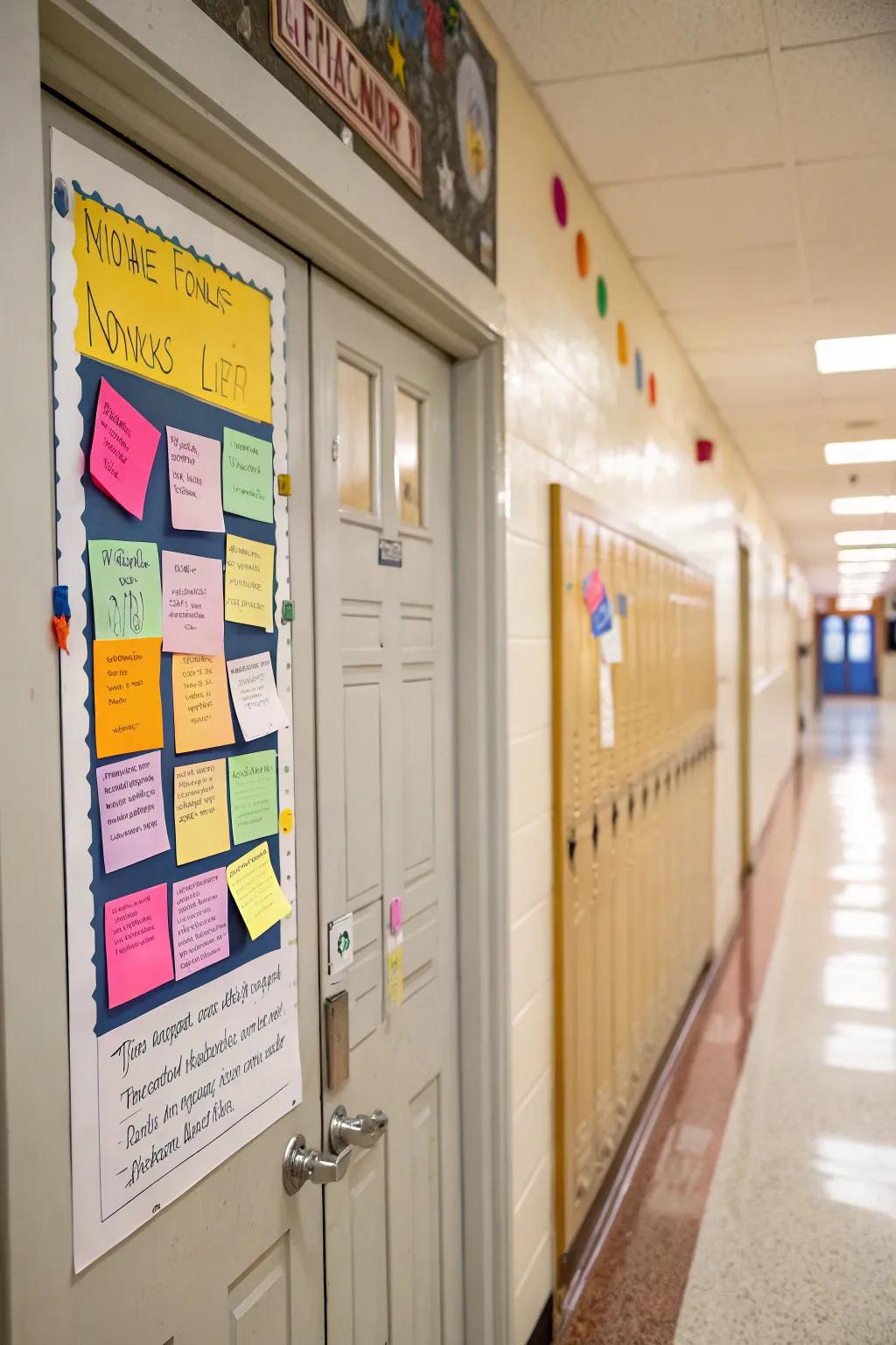 A community board on the school nurse’s door for students’ notes and tips.
