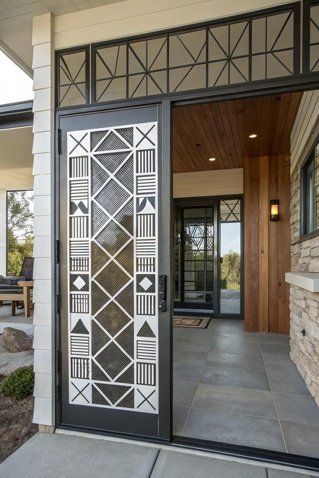 Patterned designs on a screen door add a modern edge to this entryway.