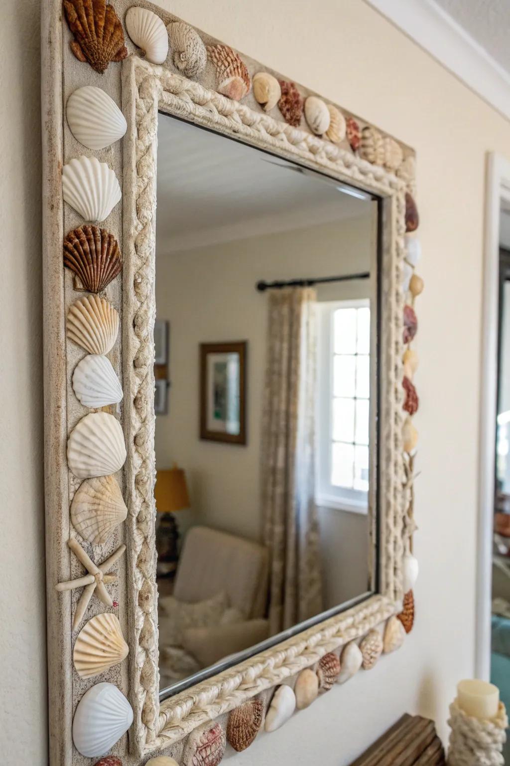 A seashell-encircled looking glass appends refinement with a coastal twist.