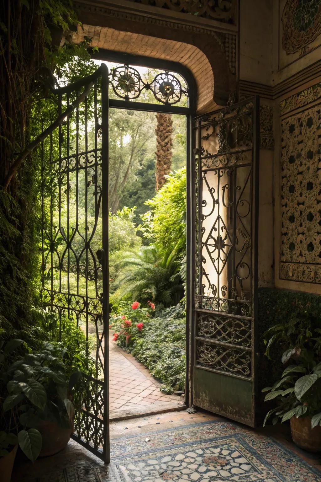 Complex ironwork adds class to this secret garden door.