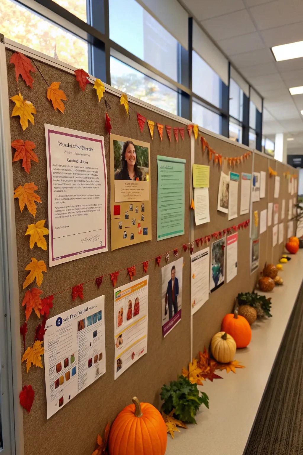 A staff spotlight board celebrating individual achievements with fall decorations.
