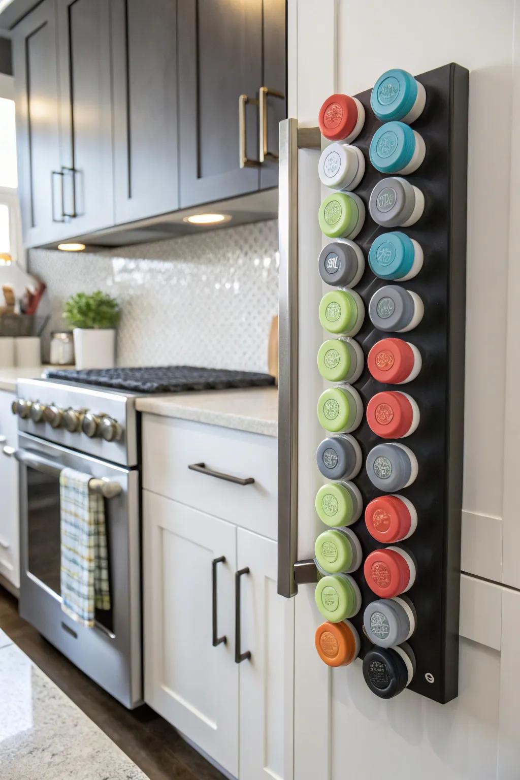 Magnetic strips inside cabinet doors offer hidden storage for protein mixer lids.