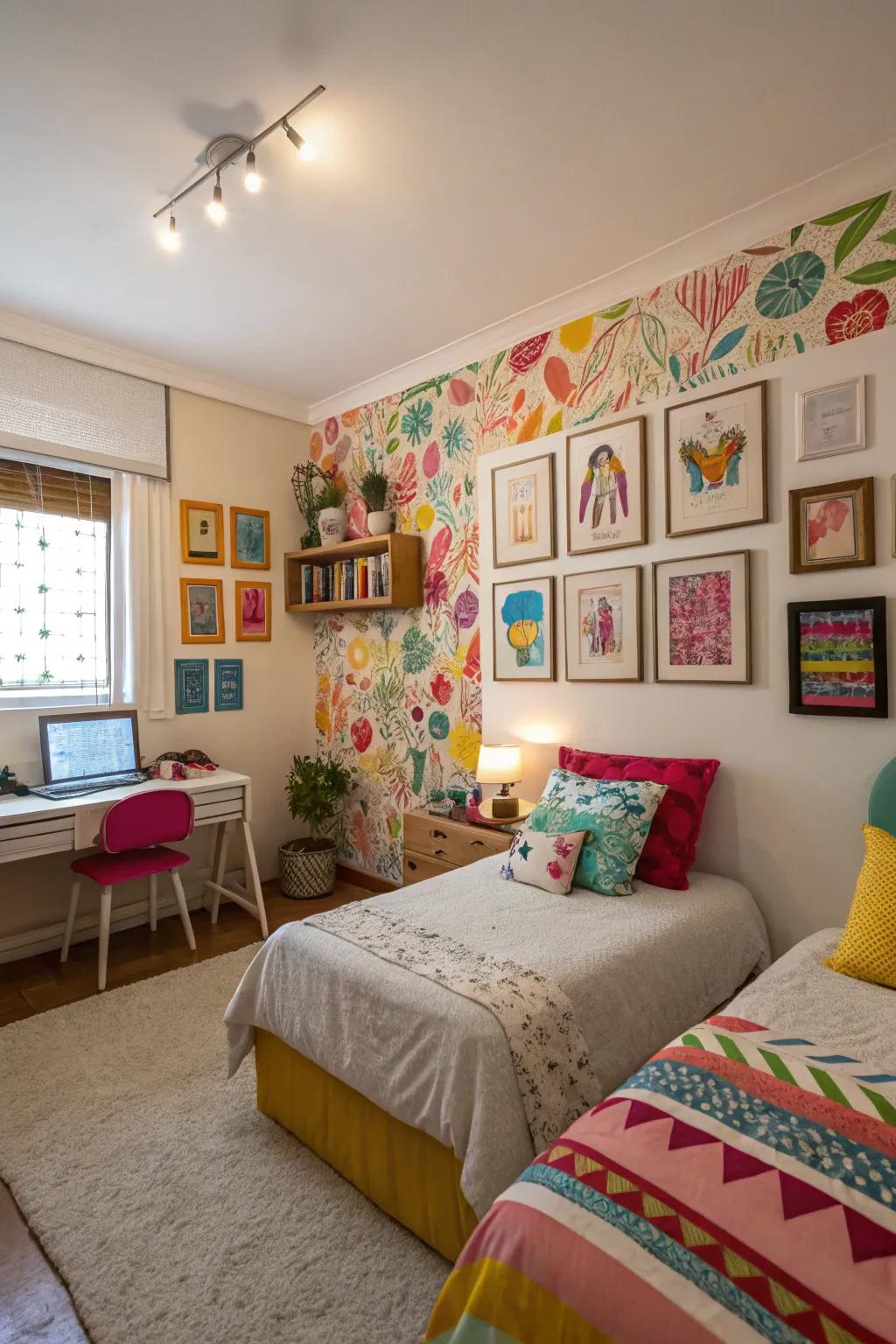 Joyful wall art adds character and color to a shared space.