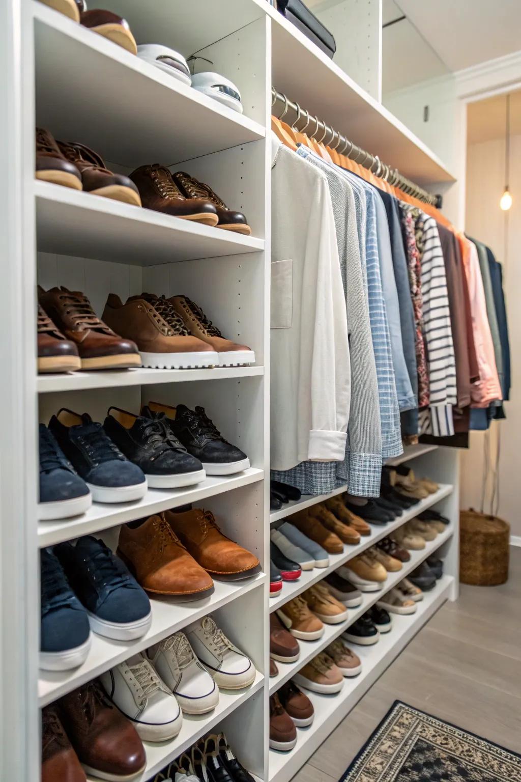 A closet equipped with innovative racks, facilitating structured footwear storage.