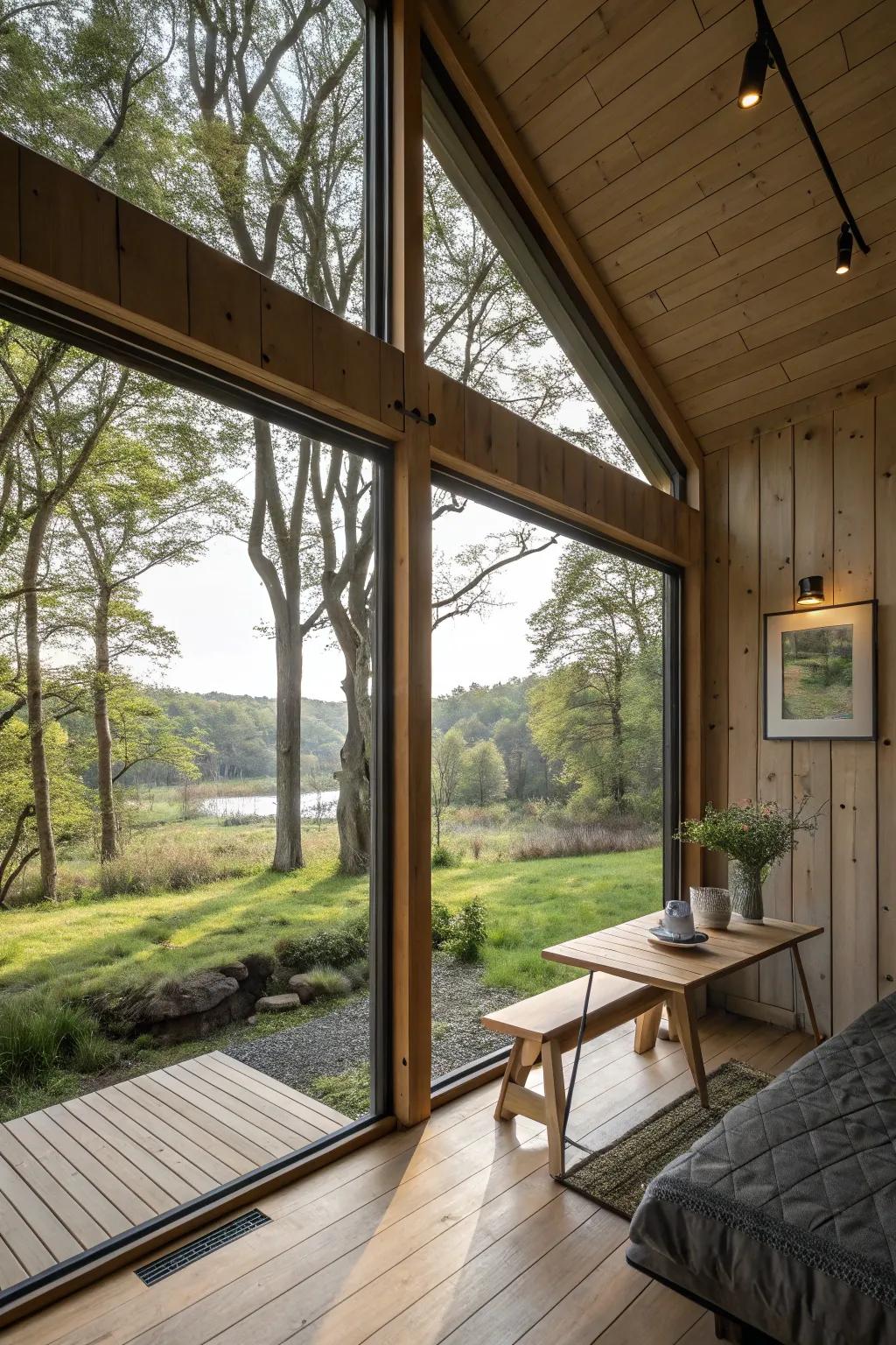 A shed home featuring large windows offering magnificent views of nature.
