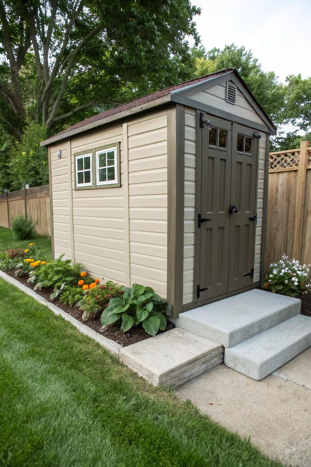 A garden shed is firmly anchored to its foundation, ensuring stability.