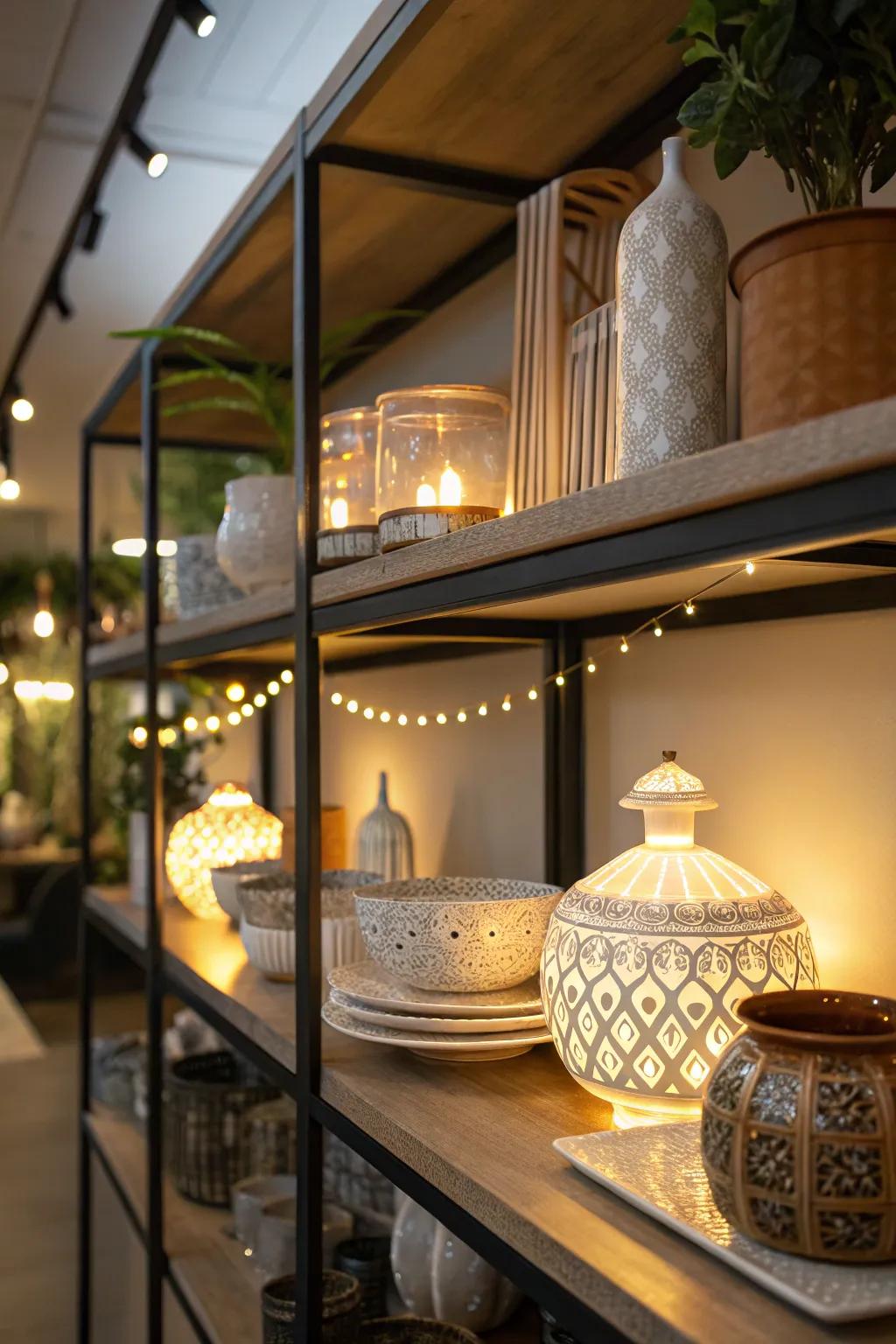Under-shelf lighting beautifully accentuates cherished items.