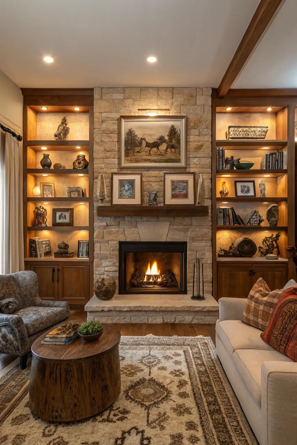 Shelves act as a miniature gallery for artwork and sculptures.