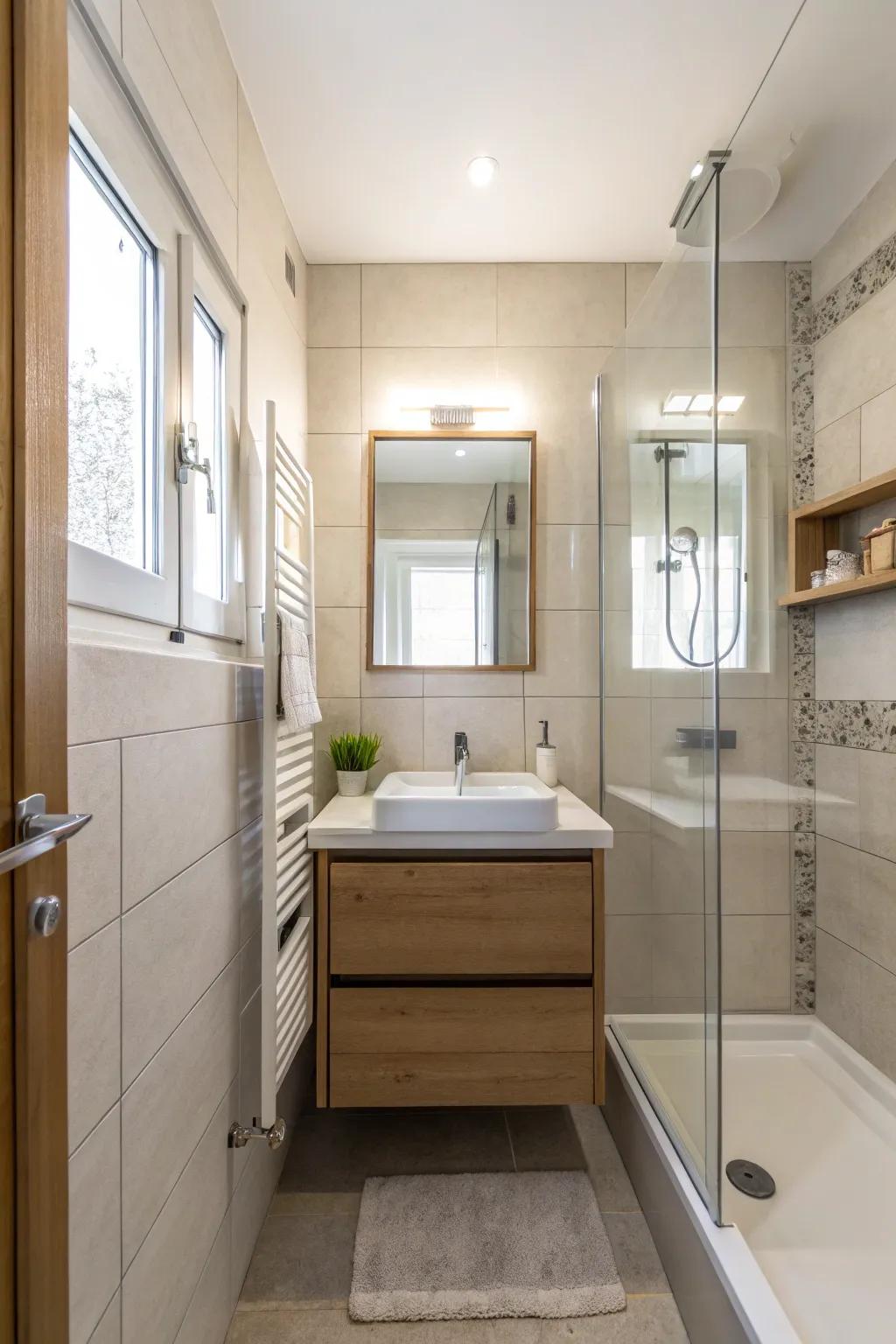 Efficient plan featuring thoughtfully positioned hardware.