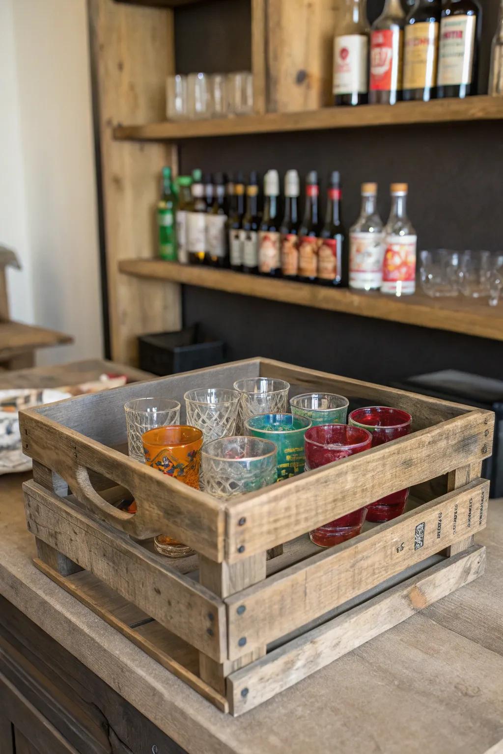 A domestic lounge features a relic lumber container repurposed as a glass display.