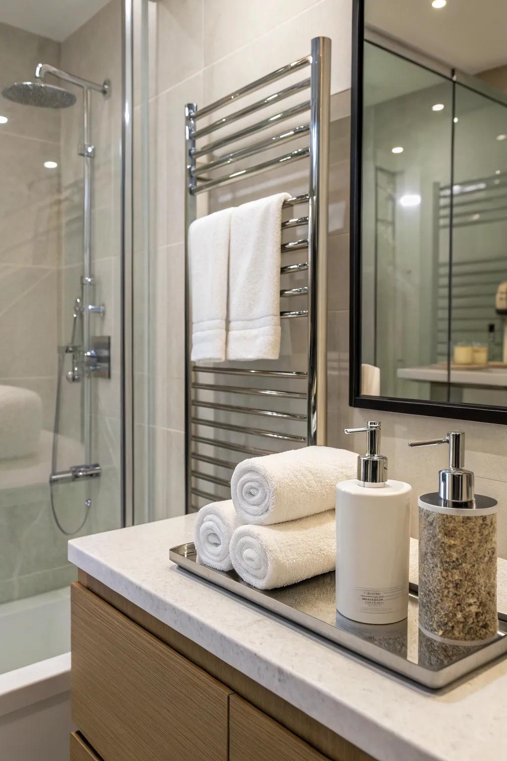 A shower enhanced with elegant towel ladders and stylish soap dispensers.
