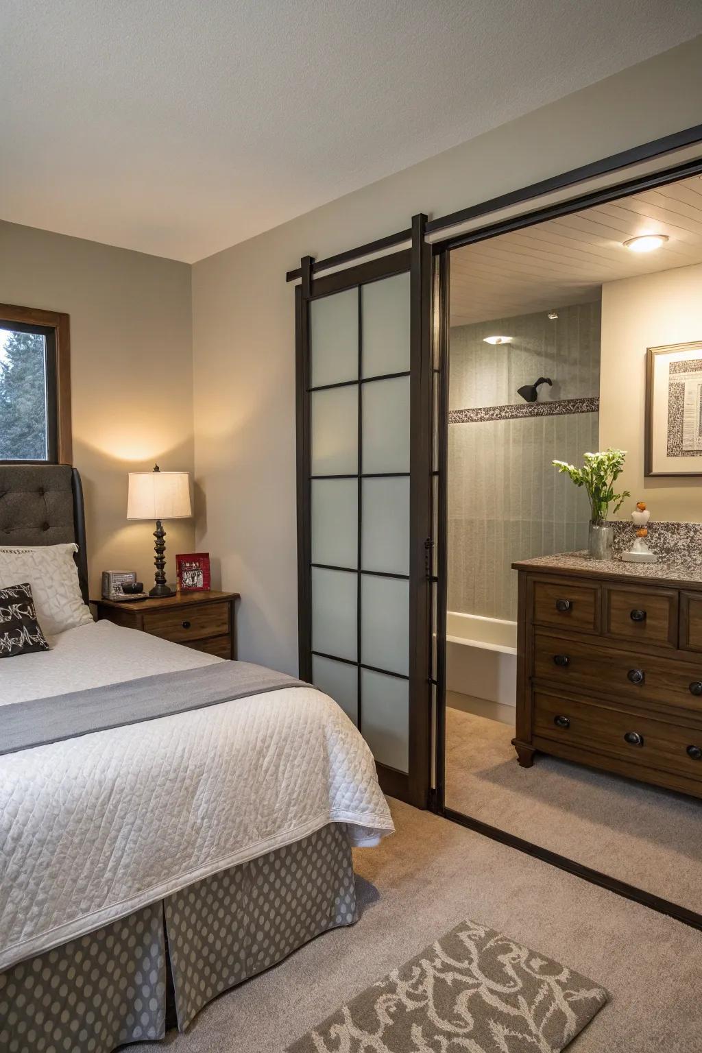 Stylish privacy solutions with sliding doors in a bedroom shower.