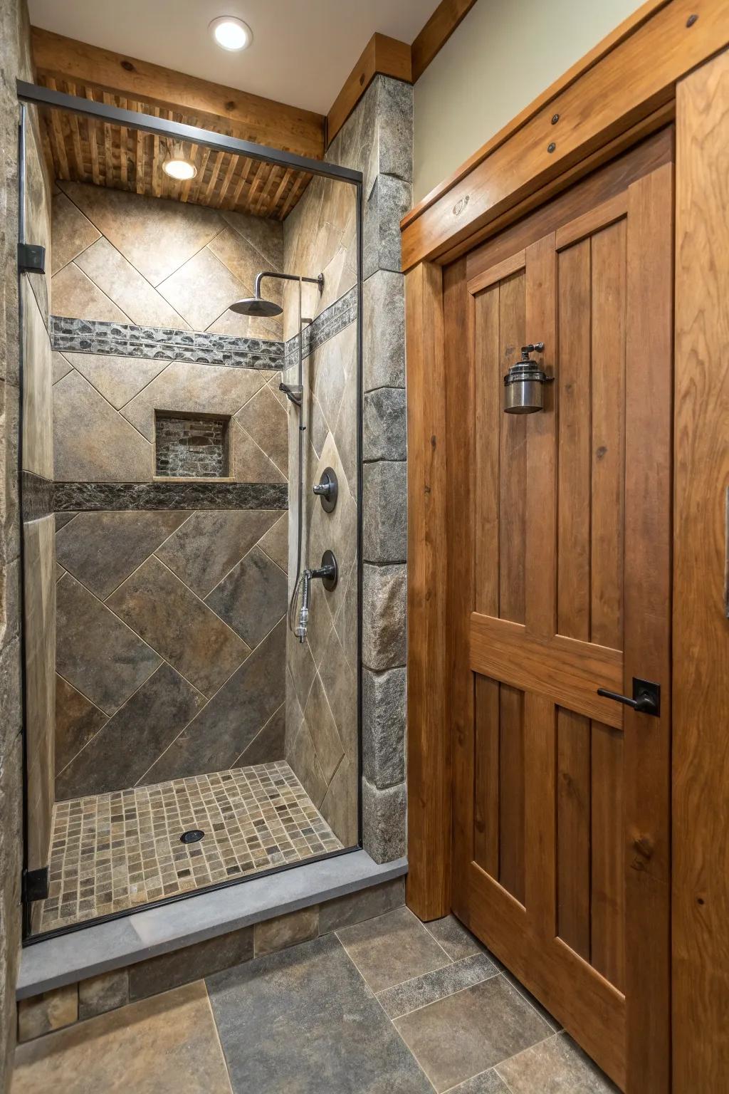 A dynamic shower stall featuring a mix of different textures for added dimension.