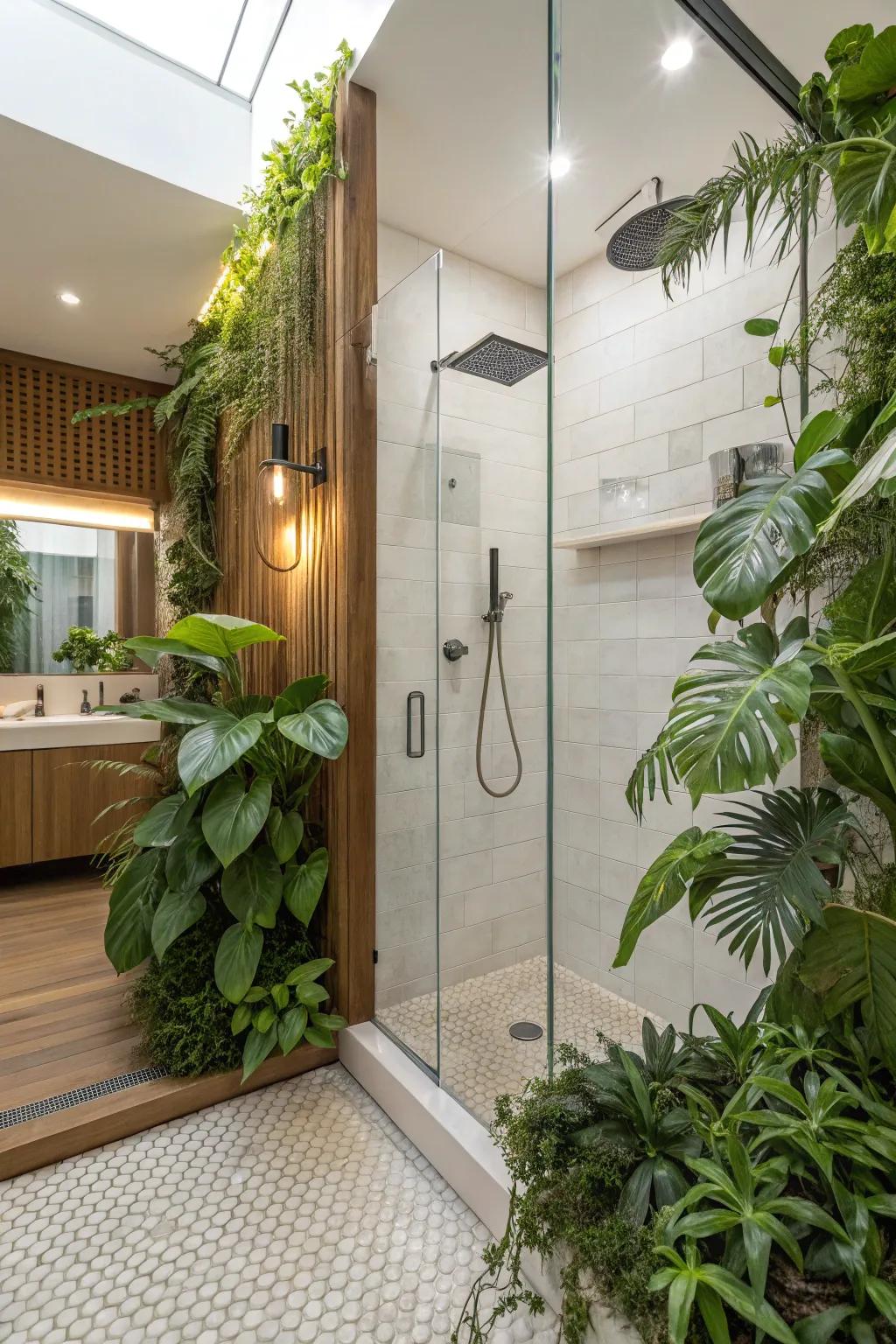 Foliage in the shower contributes a refreshing, organic vibe.