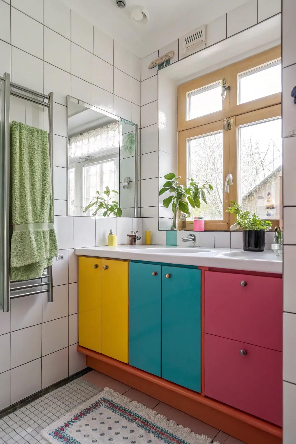 Vibrant colors infuse vitality into this fashionable bathroom.