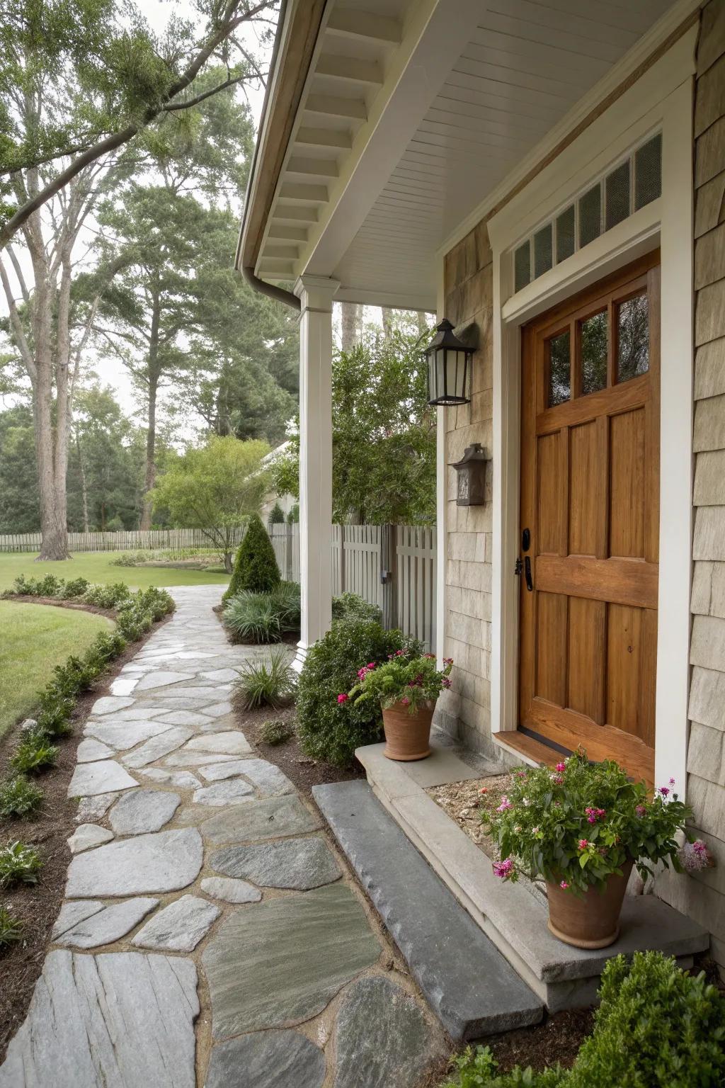 A welcoming stone pathway leads to the side porch.