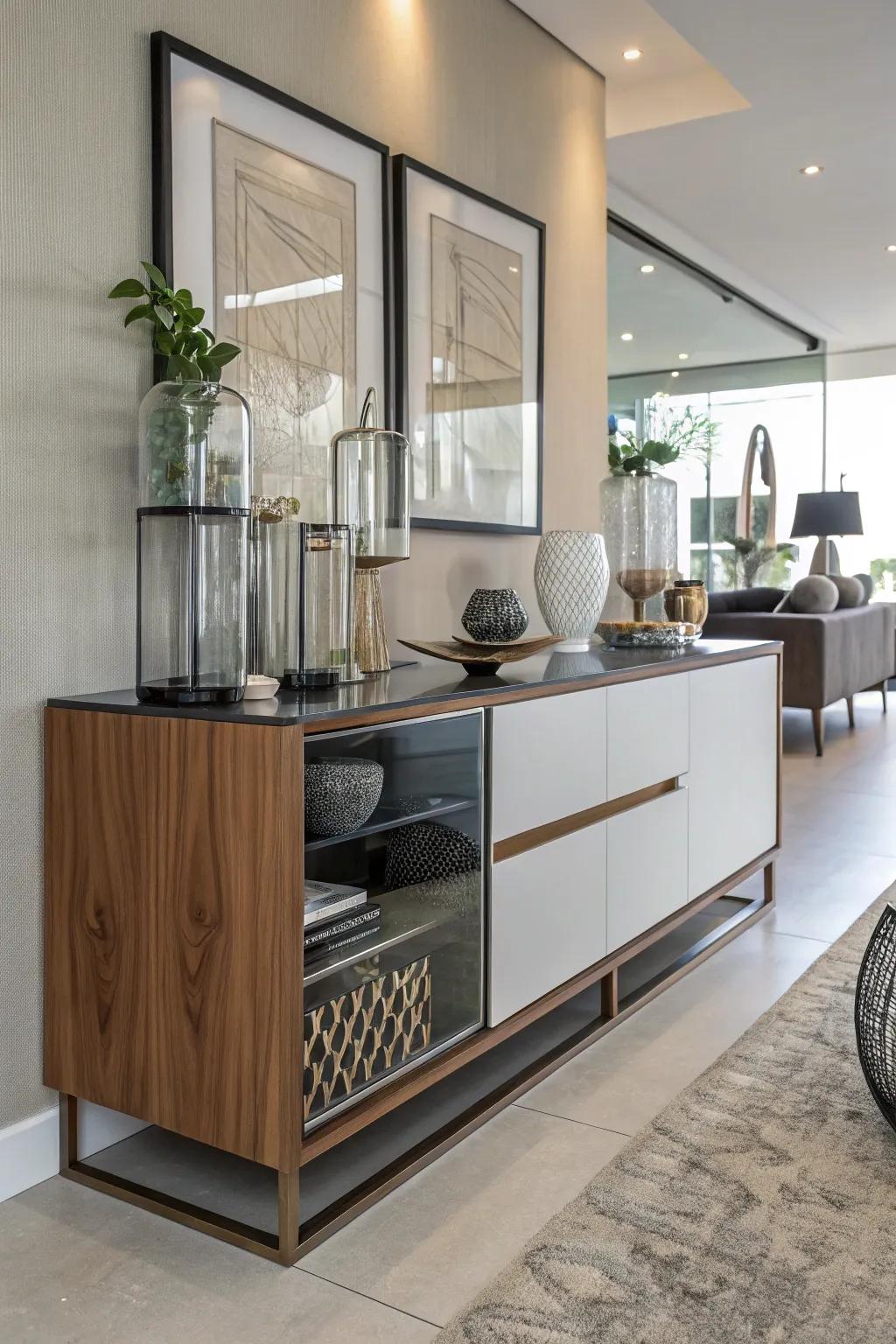 A mix of materials on a credenza adds depth and visual interest.