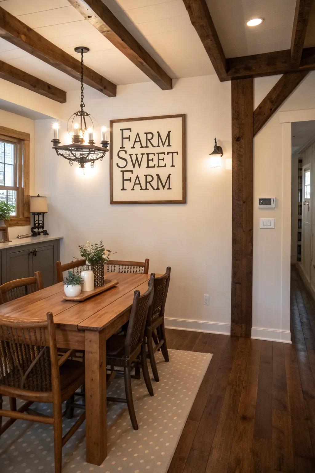 An eating area done in cottagecore aesthetic, featuring a 'Farm Sweet Farm' display upon the wall.
