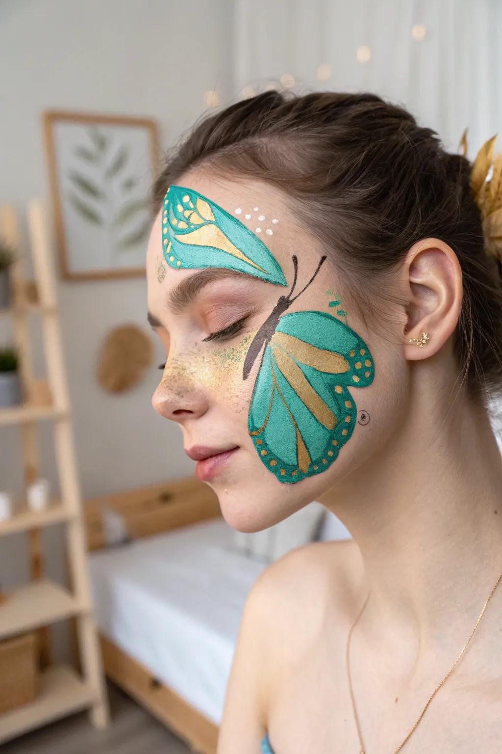 Unleash your imagination with this Whimsical Butterfly visage art, where seafoam green and amber create a magical variation on simplicity.