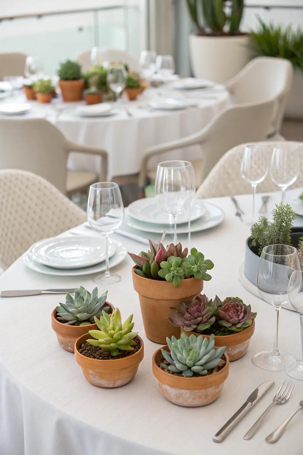 Dwarf cacti in small pots inject a fresh vibe into this centerpiece.